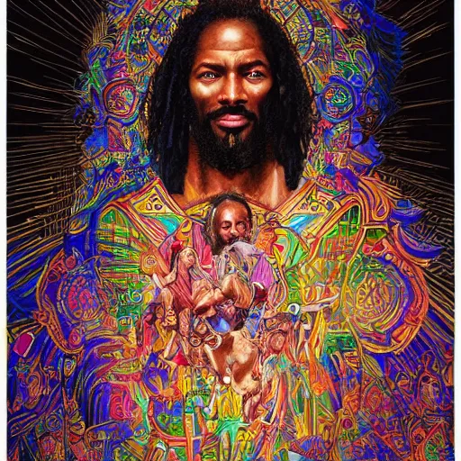 Prompt: the portrait of african - american jesus christ, graceful, elegant, sophisticated, hyper detailed illustration by kim jung gi, irakli nadar, intricate linework, bright colors, global illumination, radiant light, detailed and intricate environment