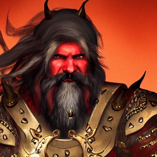 Image similar to dnd render of a man, red, a big black beard, golden eyes, 2 curved horns, one broken horn,