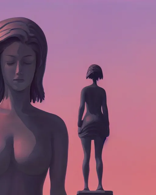 Image similar to a painting of a woman standing in front of a statue, a screenshot by stanley twardowicz, cgsociety, aestheticism, aesthetic, vaporwave, anime aesthetic