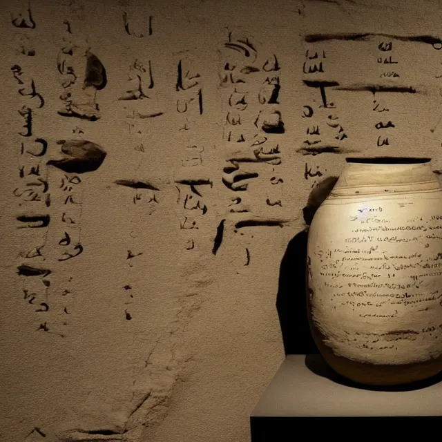 Prompt: a photo of a museum display showing a cylindrical clay jar, lying beside it is a dead sea scroll with nabeatean writing, dark, brooding, atmospheric, volume lighting