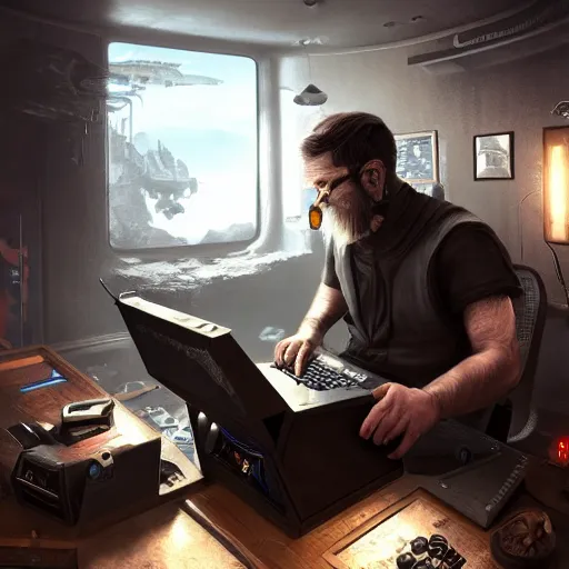 Image similar to realistic man using pc in gaming room, artstation trends, sci fi concept art, highly detailed, intricate, sharp focus, digital art, 8 k