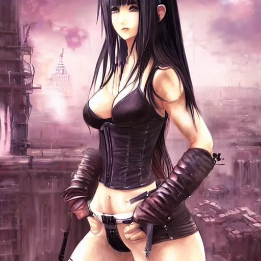 Image similar to painted conceptual art of tifa lockhart from from final fantasy 7 in her signature outfit with the steam punk city midgard as backdrop, by master artist yoshitaka amano