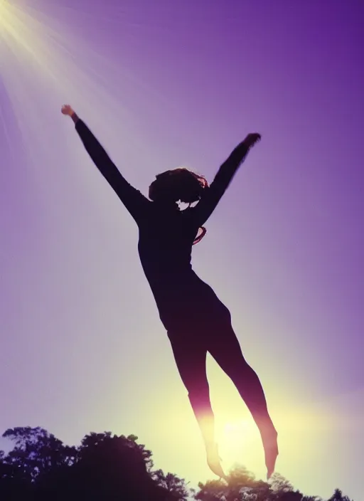 Image similar to female ascending into the sky, glowing aura, motion blur, out of focus, film grain, cinematic lighting, experimental film, shot on 1 6 mm, crepuscular rays