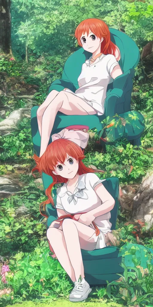 Image similar to a queen of good vibes sitting by herself on a sofa in a forest, drawn by CloverWorks,