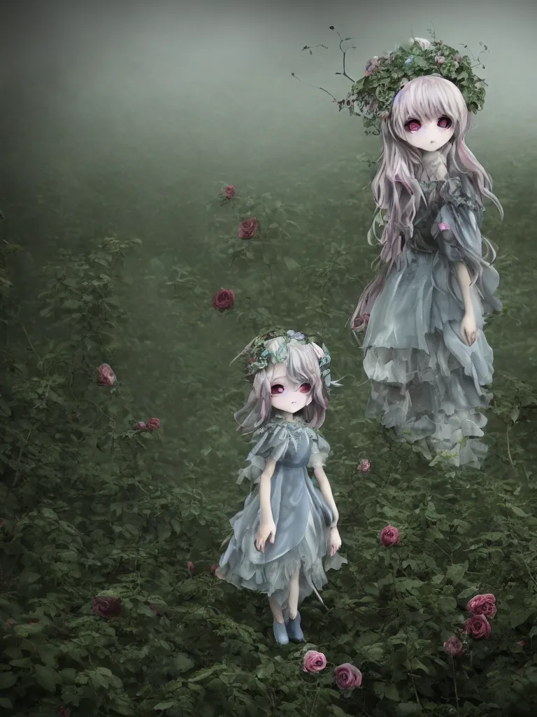 Image similar to cute fumo plush girl among vines in the middle of a foggy dark cursed rose garden under a blue sky, beautiful glowing ethereal gothic magical wraith fairy girl with dark eyes, horns, sheep girl, anime, tattered dress, bokeh, vray