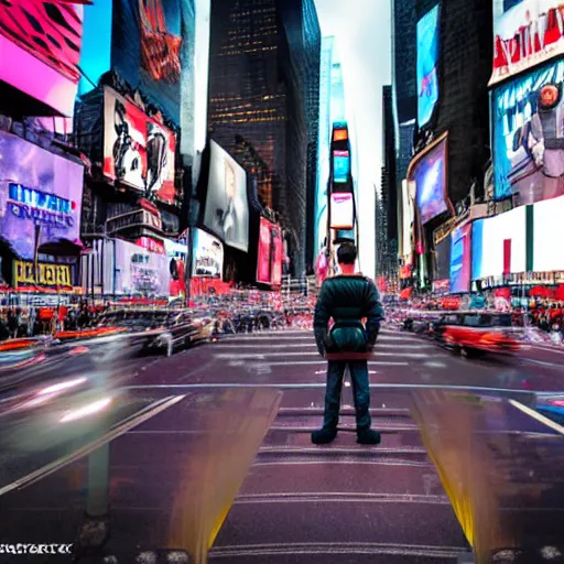 Image similar to time traveler meeting the future in times square alongside with his time machine, 8 k, detailed, lens blur