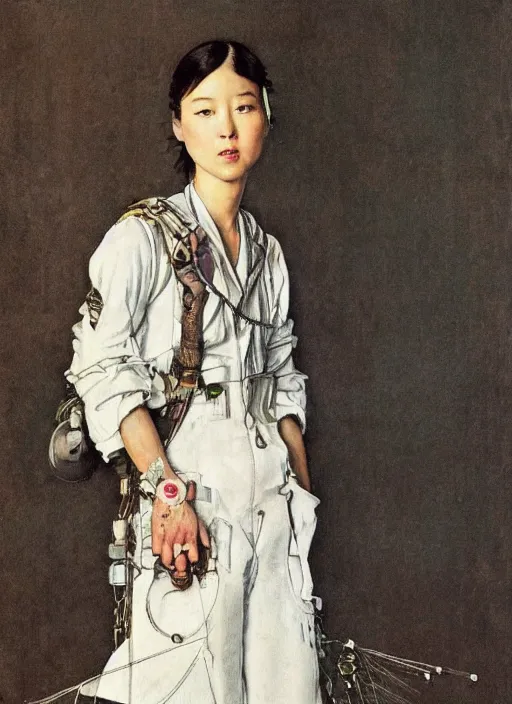 Prompt: a portrait by norman rockwell of a beautiful young japanese woman detailed features wearing a cargo wedding dress synthetic materials, jumpsuits lots of zippers chic'techno fashion trend by balenciaga