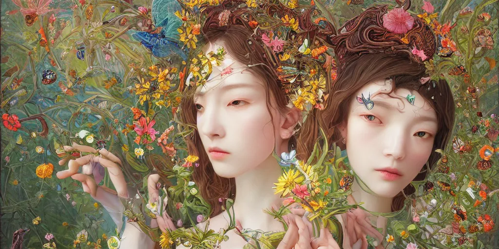 Prompt: breathtaking detailed concept art painting of the goddess of colourful bugs and meadow flowers, orthodox saint, with anxious, piercing eyes, ornate background, amalgamation of leaves and flowers, by Hsiao-Ron Cheng, James jean, Miho Hirano, Hayao Miyazaki, extremely moody lighting, 8K