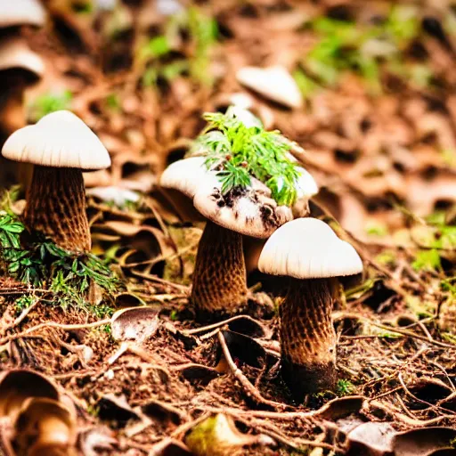 Prompt: a sharp photograph of a clump of rocky road ice cream cones growing in the deep lush forest like mushrooms. Shallow depth-of-field, dramatic light