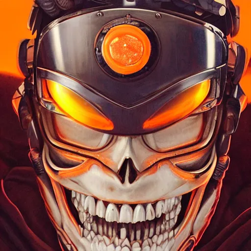 Image similar to a portrait of an cyborg skull fighter pilot wearing a helmet, vampire teeth, in an orange racing helmet by sandra chevrier, detailed render, epic composition, cybernetics, 4 k realistic, cryengine, realistic shaded lighting, sharp focus, masterpiece, by matteo scalera, gary montalbano, peter elson in the style of the tokyo ghost comic