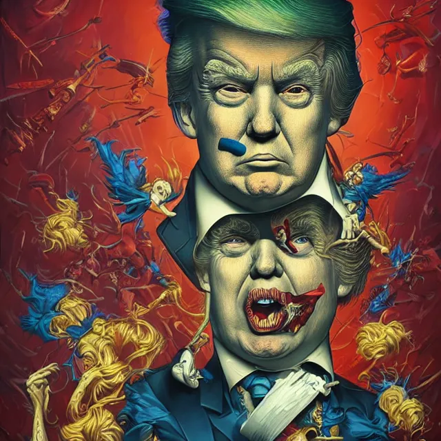 Image similar to donald trump is a disgusting clown, grotesque, horror, high details, intricate details, by vincent di fate, artgerm julie bell beeple, inking, vintage 9 0 s print, screen print