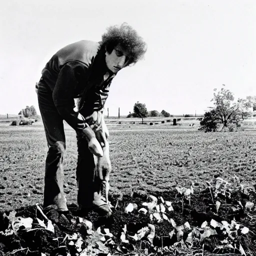 Image similar to bob dylan on his hands and knees picking through the soil looking for grubs, photograph