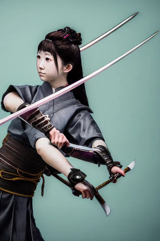 Prompt: highly detailed beautiful photo of a young female samurai, practising sword stances, symmetrical face, beautiful eyes, realistic anime art style, 8 k, award winning photo, pastels, action photography, 1 / 1 2 5 shutter speed, dramatic lighting