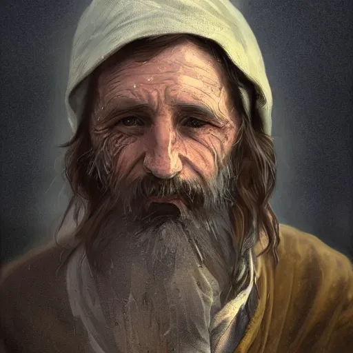 Prompt: Epic portrait A sad homeless man tearing up, sad, dirty clothes, beard, tears, digital painting, artstation, concept art, soft light, hdri, smooth, sharp focus, illustration, fantasy, intricate, elegant, highly detailed, D&D, matte painting, in the style of Greg Rutkowski and Alphonse Mucha and artemisia, 8k, highly detailed, jurgens, rutkowski, bouguereau, pastoral, rustic, georgic