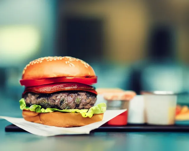 Image similar to juicy burger from a fast food restaurant, depth of field, food photography, uplight, isometric, studio, bokeh, gmaster, cooking, food, kodak, sony, canon