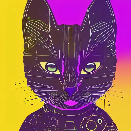 Image similar to a simplified vector based illustration about a cyberpunk kitten, centred face portrait, space colors, smooth and clean vector curves, no jagged lines