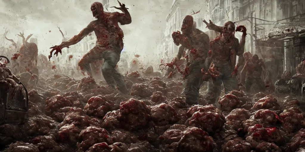 Prompt: zombies from resident evil eating meatballs, Greg Rutkowski, Darek Zabrocki, Karlkka, Jayison Devadas, Phuoc Quan, trending on Artstation, 8K, ultra wide angle, pincushion lens effect.