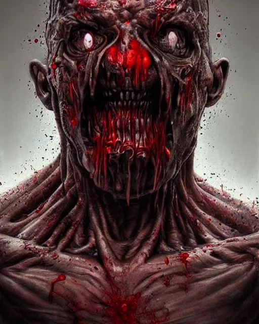 Prompt: Haunting horrifying hyperrealistic detailed painting of a huge muscular hulking flesh demon covered in thick black blood and bone showing through holes in the flesh, disgusting, creepy, unsettling, and bloodshot eyeballs, hyper detailed, trending on Artstation