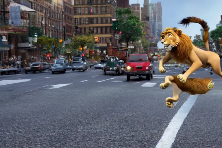 Prompt: a lion jumping over a busy street, by pixar