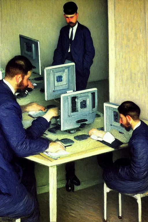 Prompt: oil painting highly detailed computer workers in office painted by gustave caillebotte, impressionism