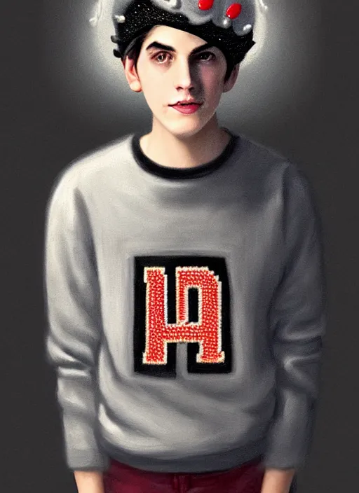 Image similar to portrait of teenage jughead jones wearing a light grey crown, photorealistic, crown, sweater with letter s on it, hamburger, eyes closed, crown, black hair, intricate, elegant, glowing lights, highly detailed, digital painting, artstation, concept art, smooth, sharp focus, illustration, art by wlop, mars ravelo and greg rutkowski