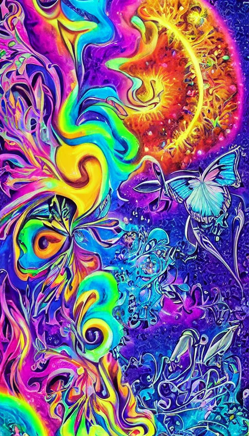 Image similar to life and death mixing together, by lisa frank,