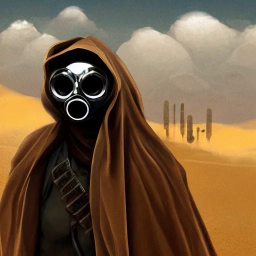 Image similar to a man wearing a long cloak and gasmask, in the desert, album cover, illustrated by Arik Roper, high detail, trending on artstation