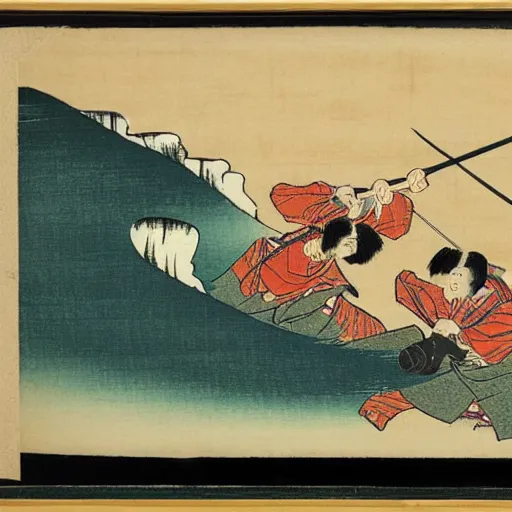 Prompt: two samurai fighting with katanas next to a raging sea, Japanese woodblock print