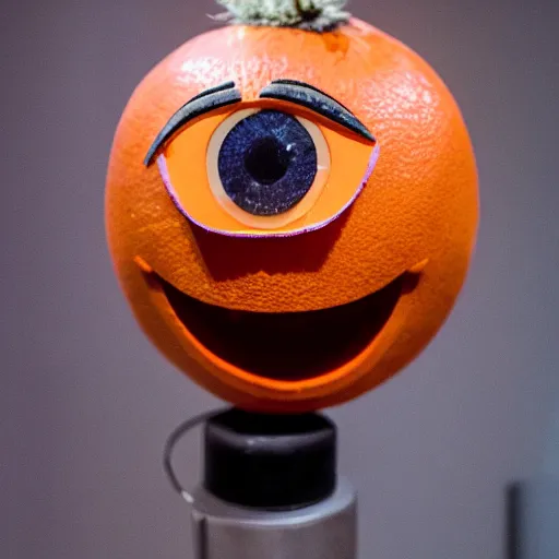 Image similar to a taxidermized annoying orange, in a museum, 8 5 mm lens, 7 0 mm entrance pupil diameter