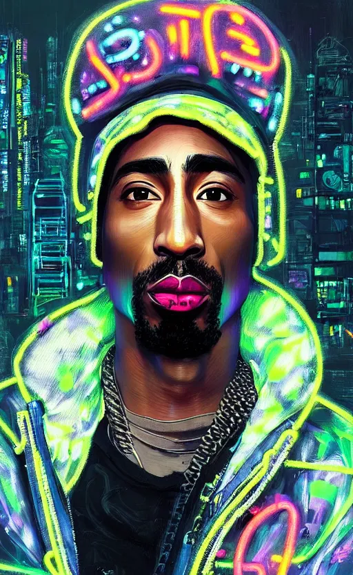 Image similar to detailed Tupac Shakur portrait Neon Operator, cyberpunk futuristic neon, reflective puffy coat, decorated with traditional Japanese ornaments by Ismail inceoglu dragan bibin hans thoma !dream detailed portrait Neon Operator Girl, cyberpunk futuristic neon, reflective puffy coat, decorated with traditional Japanese ornaments by Ismail inceoglu dragan bibin hans thoma greg rutkowski Alexandros Pyromallis Nekro Rene Maritte Illustrated, Perfect face, fine details, realistic shaded, fine-face, pretty face