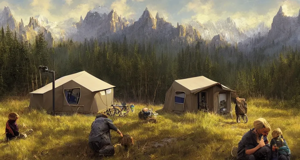 Image similar to cabela's beautiful comfortable carbon framed, modular insulated wall portable container home kit - house all weather family dwelling tent house, person in foreground, mountainous forested wilderness open fields, beautiful views, painterly concept art, environmental concept art, concept art illustration, by james gurney, by craig mullins, by greg rutkowski trending on artstation