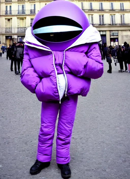 Image similar to purple alien wearing white puffer jacket, in paris, they hold a model ufo, in the style of jojo's bizarre adventure,