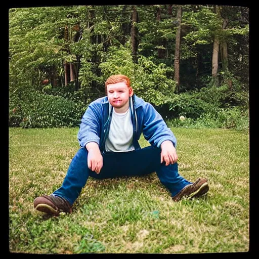 Prompt: “A 20 year old, ginger, tall, chubby, polish-American college student, with a scruffy beard, sitting in his back yard drinking beer, 8 mm lens photography,”