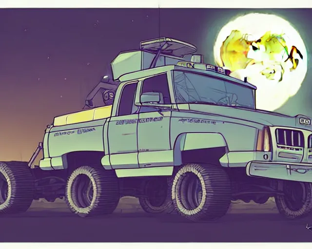 Image similar to a study of cell shaded cartoon huge truck limousine, in front of a big moon, illustration, wide shot, muted colors, post grunge, concept art by josan gonzales and wlop, david rubin, mike mignola, laurie greasley, highly detailed, sharp focus, trending on artstation, hq, deviantart, art by artgem