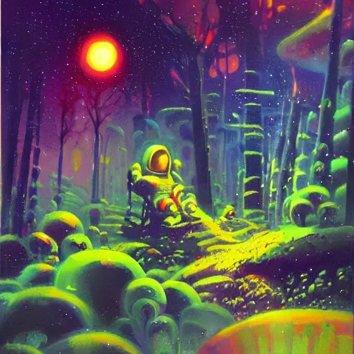 Image similar to a painting of an astronaut in a futuristic enchanted forest by paul lehr