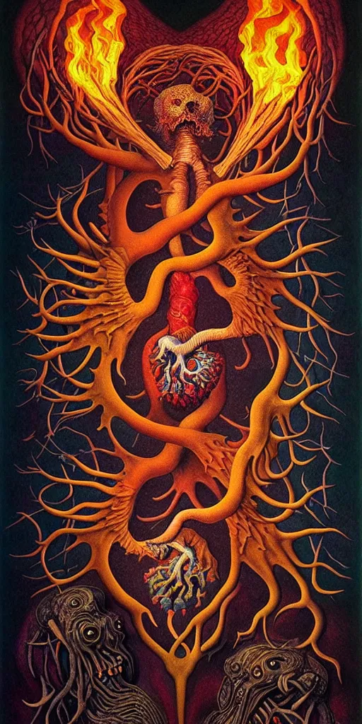 Image similar to mythical creatures and monsters in the visceral anatomical human heart imaginal realm of the collective unconscious, in a dark surreal mixed media oil painting by johfra, mc escher and ronny khalil, dramatic lighting fire glow