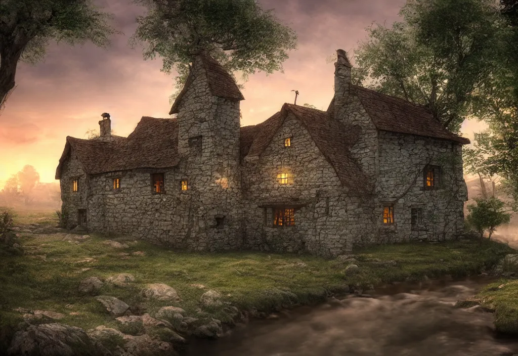 Image similar to a small stone medieval house near a small river at sunset, dramatic lighting, cinematic lighting, HDR, highly detailed, high quality, Seb McKinnon style, 8k, anime style