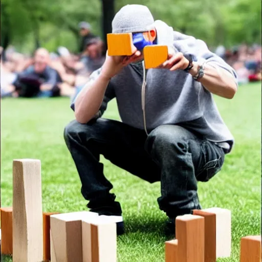 Image similar to Eminem with a dog plays with wooden blocks at Central Park