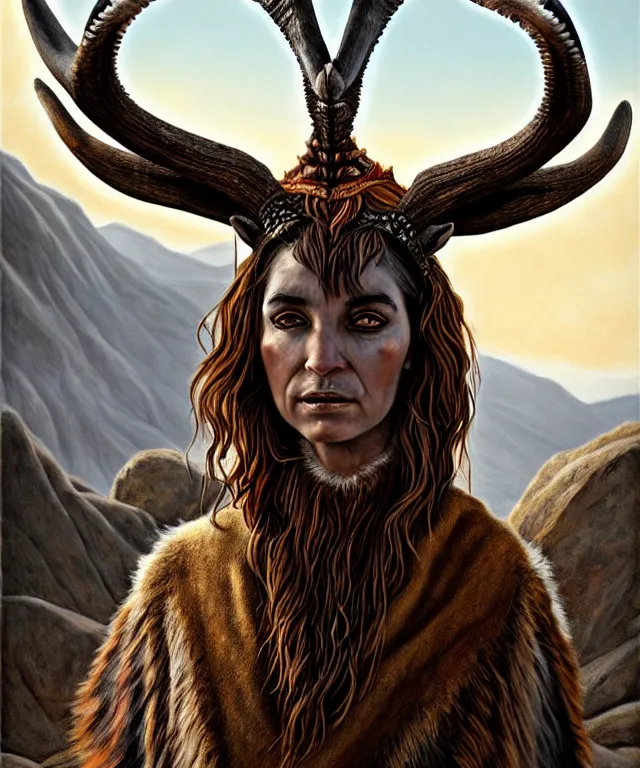 Image similar to a detailed horned antelopewoman stands among the mountains. wearing a ripped mantle, robe. perfect faces, extremely high details, realistic, fantasy art, solo, masterpiece, art by daniel e. greene, johannen voss, zoey frank, greg broadmore