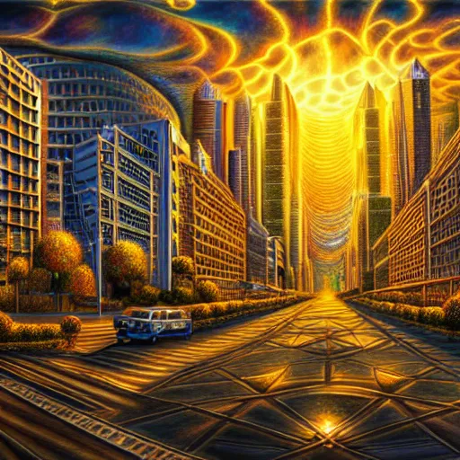 Image similar to highly detailed urban landscape, in the style of alex grey, tool, global illumination, radiant light, detailed and intricate environment h 6 0 4