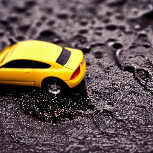Prompt: macro photography of a hot wheels car driving through a puddle in the rain, 3 5 mm
