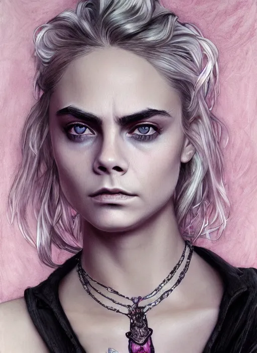 Image similar to Cara Delevigne, white hair, magenta shirt, gentle smile, beautiful detailed eyes, dirty, fantasy, intricate, rough, highly detailed, digital painting, 4k, HDR, concept art, detailed jewelry, smooth, sharp focus, illustration, art by Artgerm, H R Giger and Alphonse Mucha