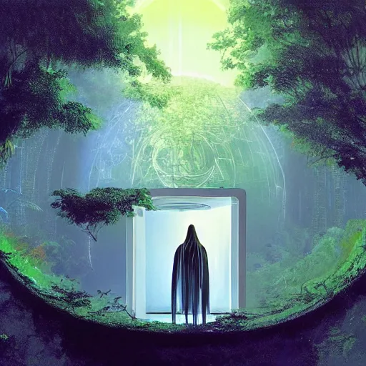 Image similar to portal in a middle of a lush futuristic forest, alien world seen through a portal, person in a cloak standing in front of a portal, syd mead, john harris