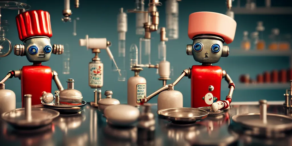 Image similar to closeup portrait of tin toy retro robot chef cooking pastry with vials in a chemical scientific lab, depth of field, zeiss lens, detailed, centered, fashion photoshoot, by nicoletta ceccoli, mark ryden, lostfish, breathtaking, 8 k resolution, extremely detailed, beautiful, establishing shot, artistic, hyperrealistic, octane render