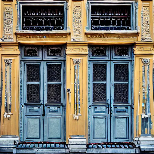 Image similar to hundred different makeshift doors combined on a building facade, ultra detailed, dslr, f 1 1, frontal view