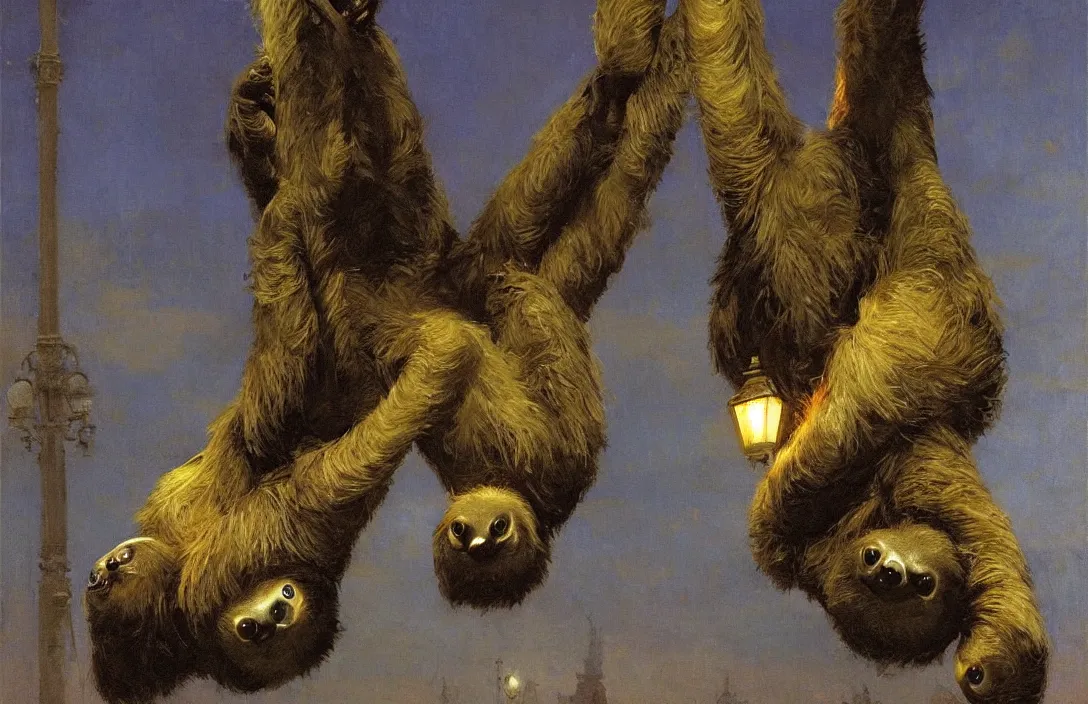 Prompt: a sloth hanging upside down from a modern street light, detailed painting, epic lighting, by ilya repin, phil hale and kent williams