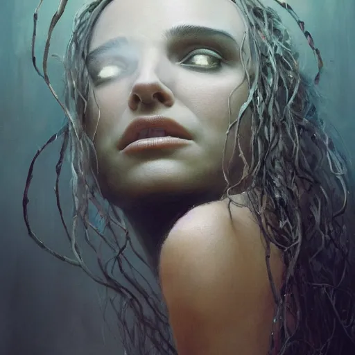 Image similar to a portrait of natalie portman as medusa in dramatic lighting, snakehair, interior background, artstation, by greg rutkowski, by beksinski, a realism masterpiece