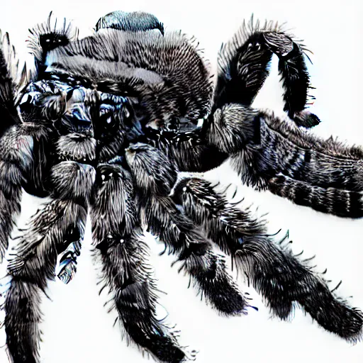 Image similar to book illustration of a tarantula with a machine gun mounted on its back. book illustration, monochromatic, white background, black and white image