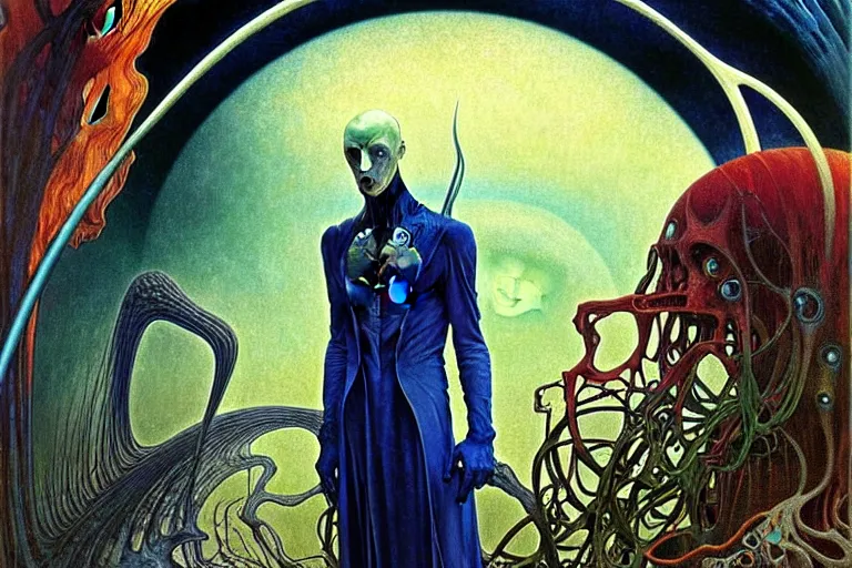 Image similar to realistic extremely detailed portrait painting of an elegantly creepy vampire man in cape, futuristic sci-fi landscape on background by Jean Delville, Amano, Yves Tanguy, Alphonse Mucha, Ernst Haeckel, Edward Robert Hughes, Roger Dean, rich moody colours, blue eyes