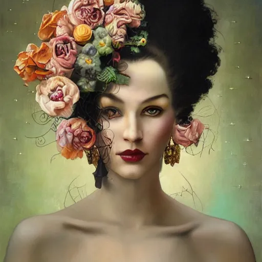 Image similar to dynamic composition, a painting of a woman with hair of flowers and raven plummage wearing ornate earrings, a surrealist painting by tom bagshaw and jacek yerga and tamara de lempicka and jesse king, featured on cgsociety, pop surrealism, surrealist, dramatic lighting, wiccan, pre - raphaelite, ornate gilded details